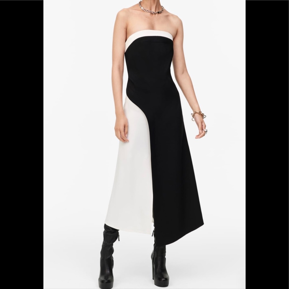 🤍 ZARA Limited Edition Wool Monochrome Pocket Strapless Midi Dress sz Large